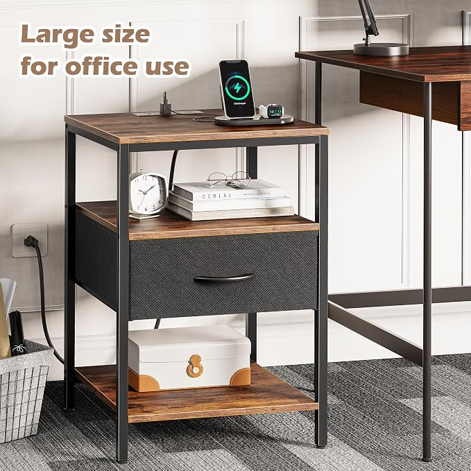 SUPERJARE Nightstand with Charging Station, USB-C Port, Bedside Table | 27.7 Inch Tall Nightstand with Adjustable Fabric Drawer, Large Dresser for Bedroom, Living Room, Rustic Brown & Black