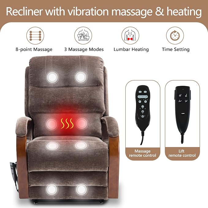 Power Lift Recliner Chair for Elderly People, Dual Motor Lift Chair with Vibration Massage and Heat, Lay Flat Recliner with Solid Wood Armrest, Standing Assistance Reclining, Chenille Fabric Brown
