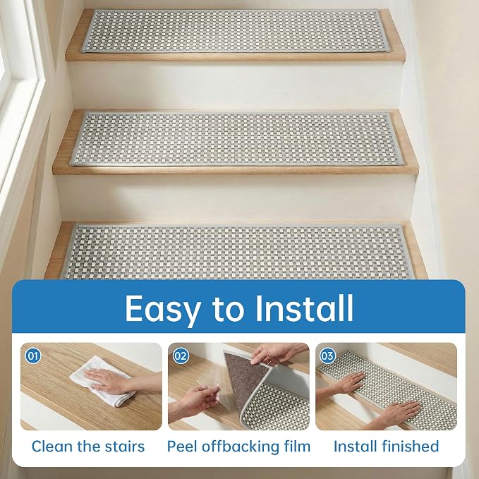 Chenille Stair Treads for Wooden Steps 8"x30" (7 Pack), Ultra Soft Non-Slip Carpet Stair Runners Indoor, Peel and Stick Self-Adhesive Step Rugs for Kids & Dogs, Machine Washable, Gray