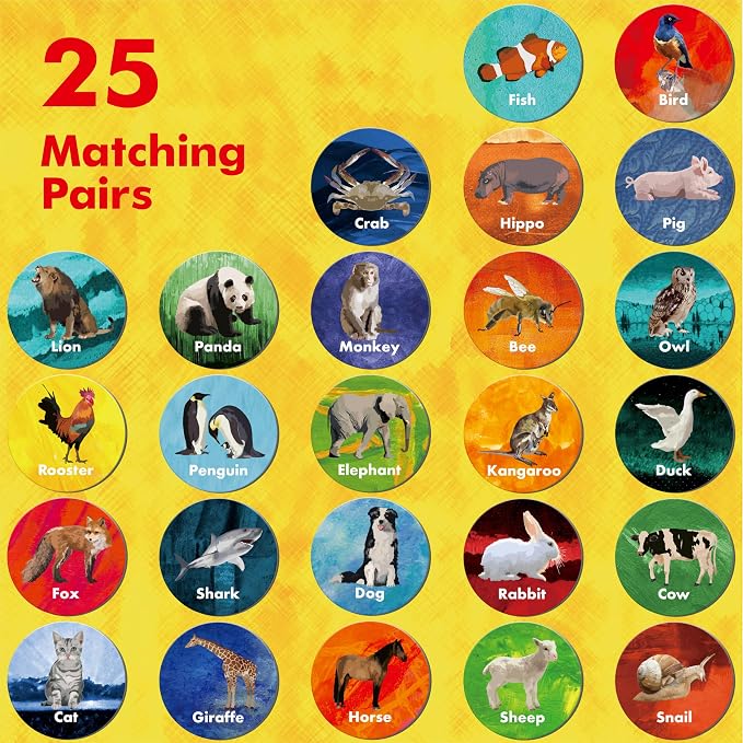 Hebayy Realistic Animal Matching Game, 50 PCS Round Animal Memory Matching Cards for Toddlers 25 Pairs Real Animal Memory Cards Educational Toys for Preschool Boys & Girls 4 5 6 Years Old