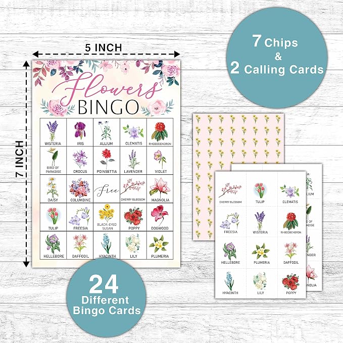 Flowers Bingo Game - Blush Pink Floral Bingo Card - 24 Players Bingo Game Set Indoor Outdoor Activities - Tea Party, Bridal Shower, Birthday Party Favors Supplies -A02