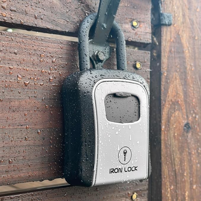 Iron Lock® Medium Key Lock Box with Code, U-Shackle Opens Fully Out (Grey) | Built-in key hooks + catch tray; hangs on handles, gates, fences or a hasp; wall-mountable; dial cover; no batteries