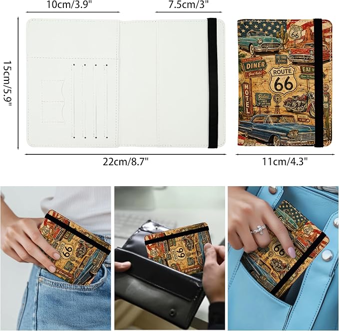 Passport Holder for Women and Men PU Leather Passport Cover for Travel (American Vintage Route 66)