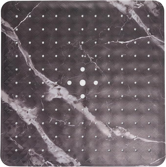 ENKOSI Square Shower Mat 21 x 21 – Anti Slip Shower Mat with Secure Suction Cups and Drain Holes – Square Shower Stall Floor Mats with Black Marble Design (Marble Black 21x21)