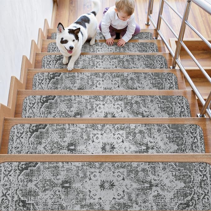 OJIA Stair Treads Non Slip Stair Runners for Wooden Steps Indoor 15PCS | 8"x30" Rubber Backing Carpet Stair Treads for Wood Stairs Staircase Step Treads for Kids & Dogs, Stair Covers Safety Mats