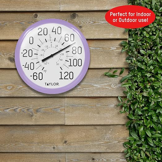 Taylor Big and Bold Wall Dial Thermometer, Indoor Outdoor Thermometer, Wireless Thermometer with Easy to Read Numbers for Patio, Pool, Garage and Indoor Areas, 13.25-inch, Lilac