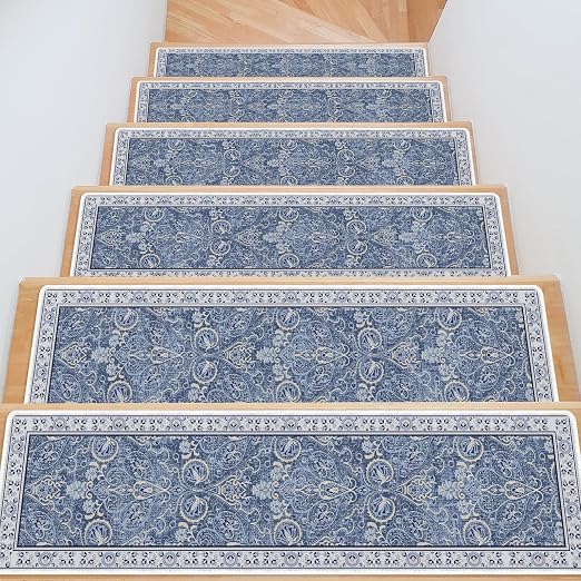Floral Stair Runner Non Slip 15 Pack Stair Treads 8x30 | 15PCS Wooden Steps Stair Treads 8x30 Inch, Stain Resistant Washable Stair Carpet Rug Silicone Backing, Kids Elders