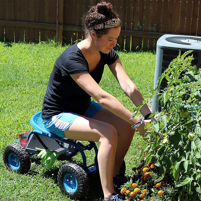 Sunnydaze Rolling Garden Cart with Seat, Blue | Garden Stool with Wheels, Adjustable 360-Degree Swivel Seat, Utility Tool Tray and Storage Basket