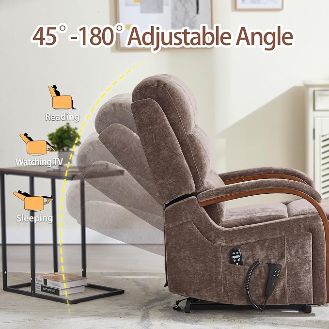 Power Lift Recliner Chair for Elderly People, Dual Motor Lift Chair with Vibration Massage and Heat, Lay Flat Recliner with Solid Wood Armrest, Standing Assistance Reclining, Chenille Fabric Brown