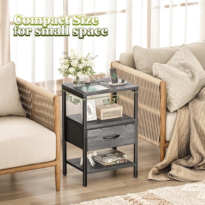 SUPERJARE Nightstand with Charging Station, USB-C Port, Bedside Table | Night Stand for Bedroom, with Adjustable Fabric Drawer, 3-Tier Storage End Table, for Living Room, Grey