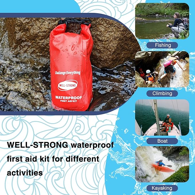 WELL-STRONG Boat First Aid Kit with Survival Tools, 123pcs Waterproof Emergency Marine Kit with Buckles, Compact Boat Safety Accessories for Fishing Kayaking Boating Camping Rafting Beach Red