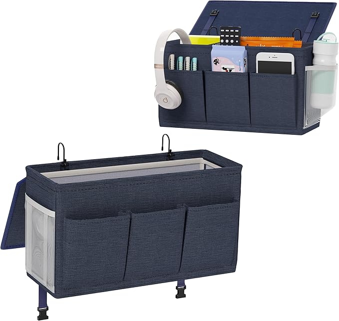 Bedside Caddy Storage Organizer for Bed Rails, Bed Caddy with 6 Pockets | Bedside Organizer with Fixed Straps and Hooks, Mattress Supported Versatile for Home, Dorm, Bunk, Hospital and Crib Bed