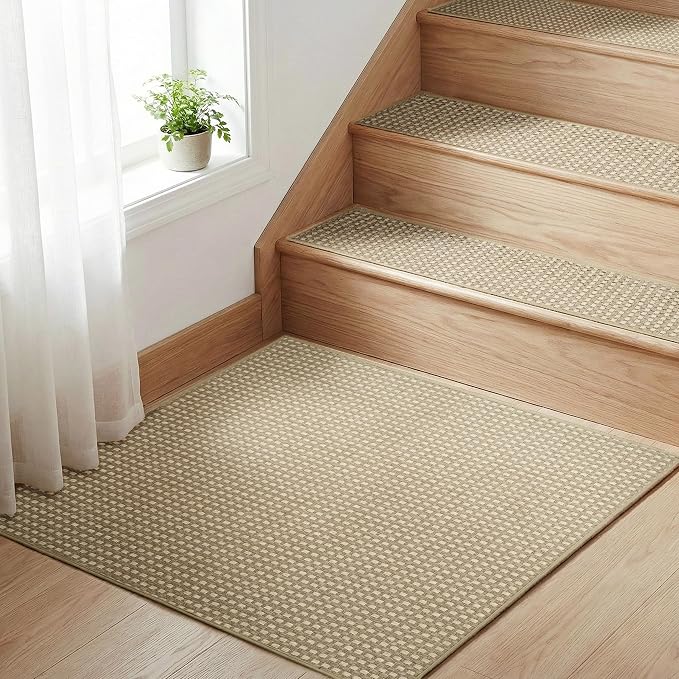 Chenille Stair Treads for Wooden Steps 31"x31", Ultra Soft Non-Slip Carpet Stair Runners Indoor, Peel and Stick Self-Adhesive Step Rugs for Kids & Dogs, Machine Washable, Beige