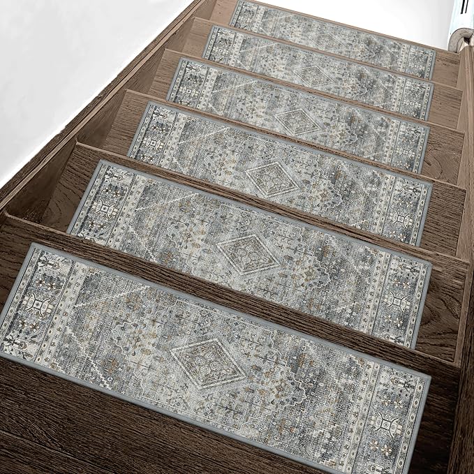 sarben 8"x30" Non Slip Stair Treads for Wooden Steps 15 Pack, Gray Charcoal | Peel and Stick Carpet Stair Runner with TPE Adhesive Backing, Carpet for Added Safety, Pet and Senior Friendly