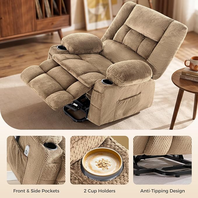 Power Lift Recliner Chair for Elderly, Electric Reclining Lift Chair with Massage and Heating, Comfy Overstuffed Recliner Single Sofa with Cup Holders, Pockets, USB Charge Port for Living Room, Camel