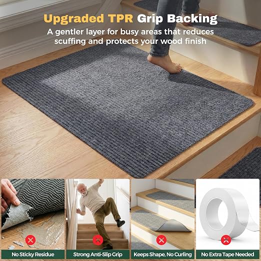 MBIGM Carpet Stair Landing Mat, 1 Pack, 2'6" x 2'6", Grey | Polyester carpet surface with PP mesh, nonwoven cushioning, and TPR adhesive backing for indoor stair coverage.