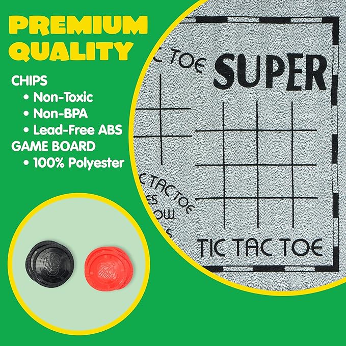 3-in-1 Vintage Giant Checkers, Tic, Tac, Toe, with Reversible Mat, 24 Chips, Family Board Game, Lawn Game, BBQ Party Favor, Indoor and Outdoor Activity for Kids and Adults