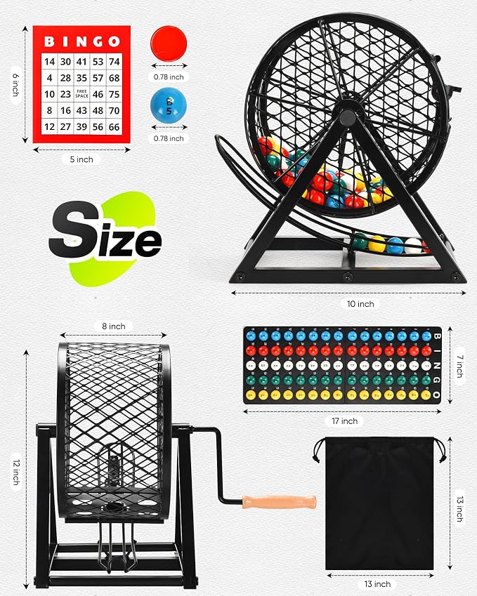 12" Large Deluxe Bingo Game Set with Cage, Board, Balls, 30 Cards and Chips | Bingo Sets for Adults, Family Games Bingo Balls with Cage for Fun Family, Large Groups, Parties