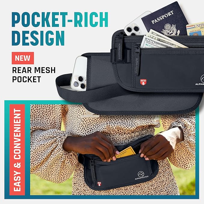 Alpha Keeper Money Belt for Travel Hidden Under Clothes – RFID Blocking Passport Holder & Slim Waist Wallet Pouch for Women & Men, Anti-Theft Travel Accessories