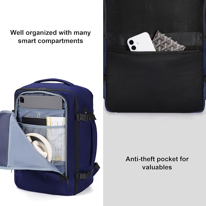 ECOHUB 35L TSA Friendly Travel Laptop Backpack for Men and Women, Large Carry-On Business Backpack with 17.3 In Laptop Compartment, Waterproof Oxford Fabric, Anti-Theft Pocket, Multiple Pockets, Blue