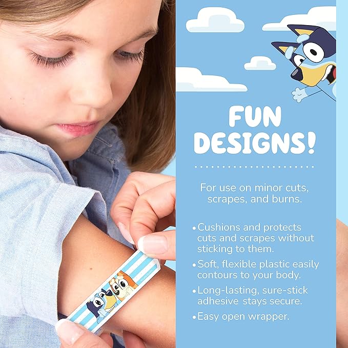 Bluey Kids Bandages, 3 Assorted Sizes 100 CT | Wear Like Stickers, Flexible Adhesive Bandages for Minor Cuts, Scrapes, and Burns. Great Gift idea and Stocking Stuffer