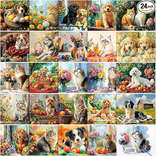 24 Pcs Dementia Products for Elderly Alzheimers Activities for Adults Seniors Reusable Water Painting Supplies with 1 Painting Brush Water Doodle Coloring Drawing Gifts Set(Pets)