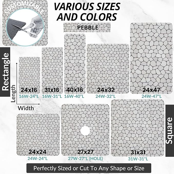 Enkosi Loofah Shower Mat with Drain Hole – Cushioned Anti-Slip Square Bath Mat for Showers, and Bathroom Floors – Textured PVC, Non Slip Safety Pad for Walk-in Stalls and Wet Areas (27x27 Pebble)