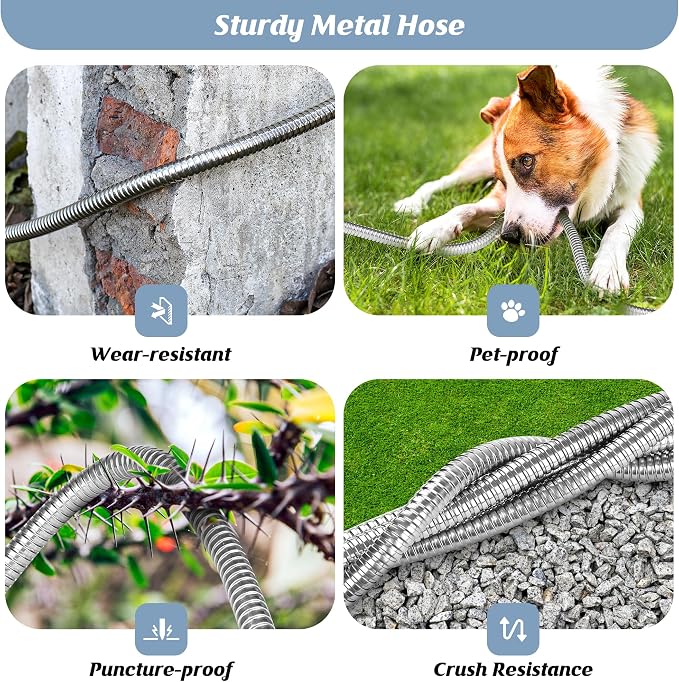 Metal Garden Hose 50FT with 10-Function Nozzle, No-Kink Water Hose | Metal Hoses with Leak-proof Connectors, Lightweight, Puncture-proof, Pet-proof, Sturdy, 550PSI, Hose for Outdoor, Yard