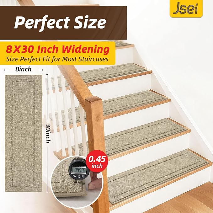 JSEI Stair Treads for Wooden Steps Indoor, 4-Pack, 30" x 8", Light Beige | Non Slip Stair Treads, Washable Polyester Stair Mats with TPE Backing, Low Profile Stair Rugs for Kids, Seniors and Dogs