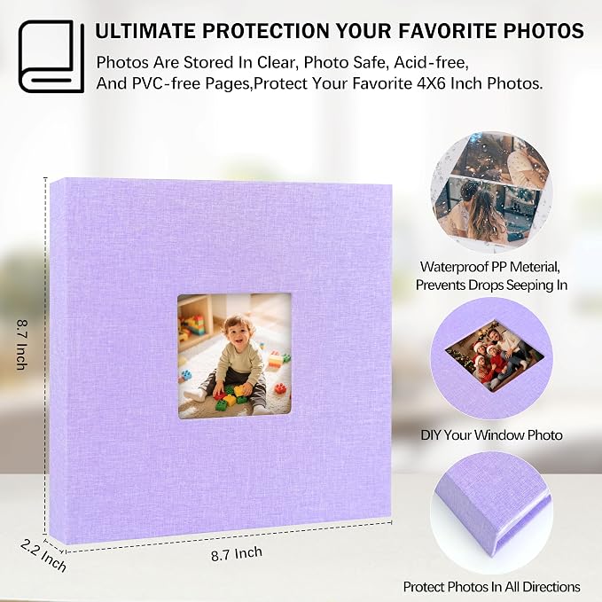 4x6 Photo Album Holds 240 Photos with Writing Space, Linen Cover Picture Book with Front Window for Family Wedding Baby Travel & Graduation Memories, Purple