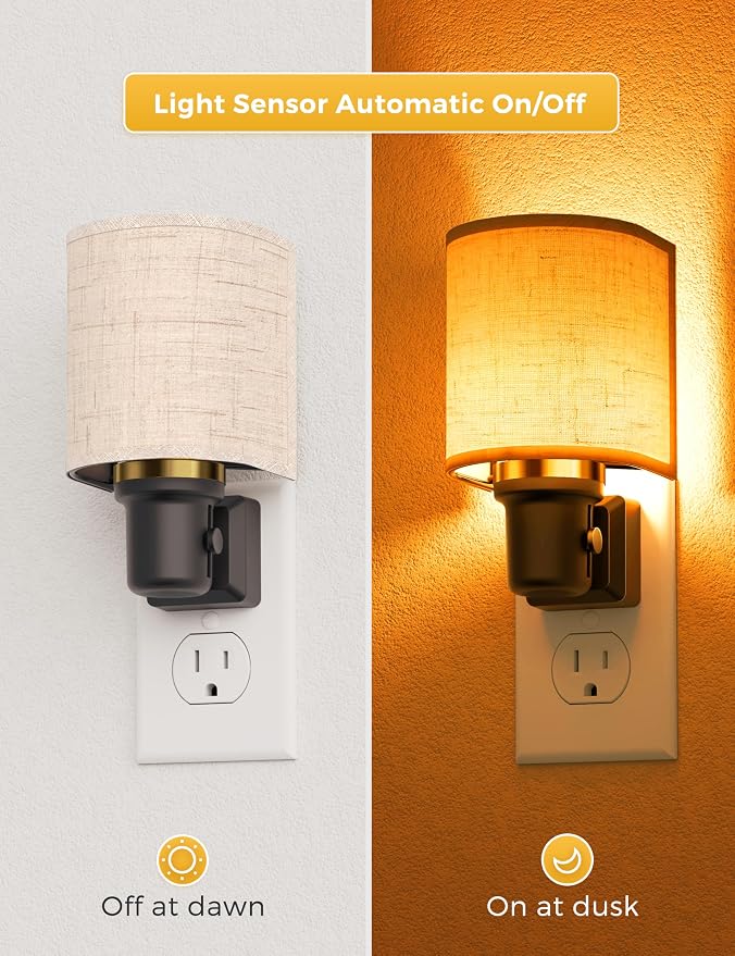 L LOHAS LED Amber Night Lights Plug into Wall, Plug in Night Light Dimmable, Farmhouse Decorative Nightlights Plug in Wall, Light Sensor, Linen Fabric Yellow Nightlight for Bedroom Hallway, 2 Pack