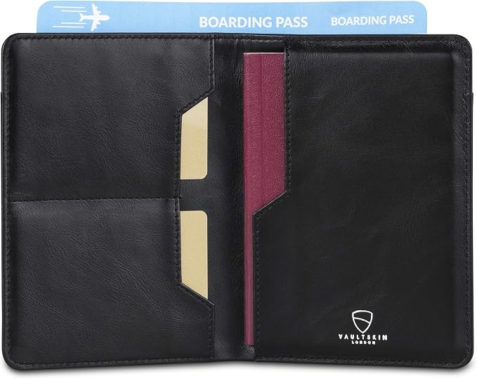 Vaultskin KENSINGTON Passport Holder for Travel, RFID Wallet (Black) | Slim genuine leather book cover, small case for men and women, inner sleeve, cards, cash, scan blocking protection, gift box