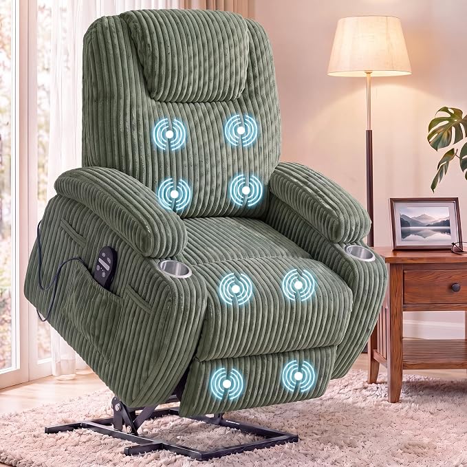 Flamaker Power Lift Chair Massage Recliner Chairs for Elderly | Ergonomic Lift Recliner Design with Cup Holders & Side Pockets, Remote Control (Corduroy, Green)