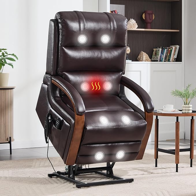 Power Lift Recliner Chair for Elderly People, Dual Motor Lay Flat Recliner with Vibration Massage and Heat, Lift Chair with Solid Wood Armrest, Standing Assistance Reclining, Faux Leather Red Brown