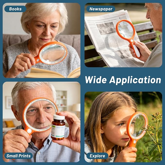 Large Magnifying Glass with Light: 5IN Handheld Illuminated Lighted Magnifier with 13 LED Lights, Rechargeable Magnifier (Orange+White, Magnifier with Light (No Case))