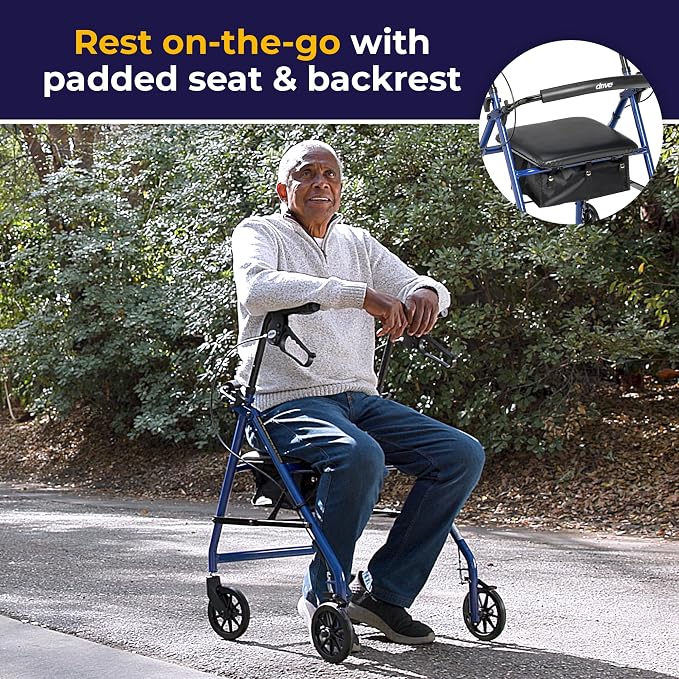 Drive Medical Aluminum Rollator Walker, Padded Seat, 6-Inch Wheels, Blue | Aluminum Rollator Walker Folds Up with 6 Inch Wheels for Indoor and Outdoor Mobility and Everyday Ease Daily