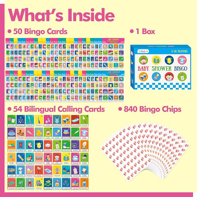 Gethelud Baby Shower Bingo Game, 50 Bilingual Spanish & English Bingo Cards for Gender Reveal Party, Baby Shower, Game Favors, Supplies, Decorations for Adults (50 Players)