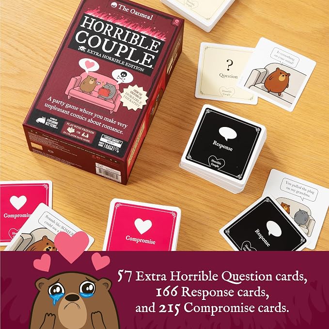Exploding Kittens Horrible Couple Extra Horrible, for 2-8 Players, Age 17+ | Create darkly funny comics with questions, responses, and absurd compromises. Play as a couple or with friends! Adults only!