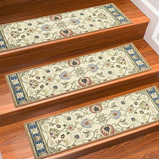 Non Slip Stair Treads for Wooden Steps, 30in x 8in Indoor Staircase Step Treads for Dogs, Reusable Stair Carpet Runner with TPR Adhesive, Oriental Design