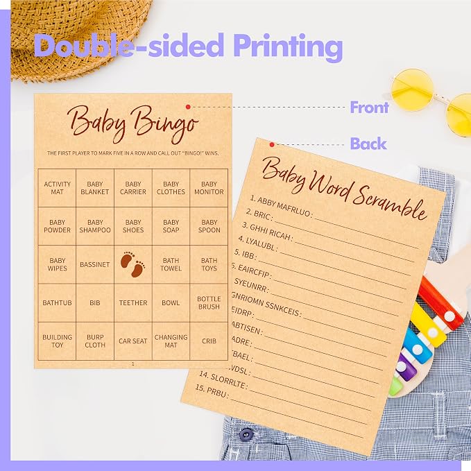Baby Shower Game Set, Gender Neutral Bingo Game/Guess Who Mommy or Daddy/Word Scramble/Baby Trivia Fact Cards for Guest, Bridal Wedding Shower