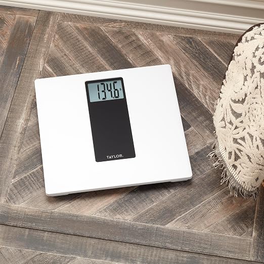 Taylor Digital Bathroom Scale for Body Weight, 400 lb Capacity, Large 12-Inch White and Black Tempered Glass Platform, Precise 0.2 lb Increments