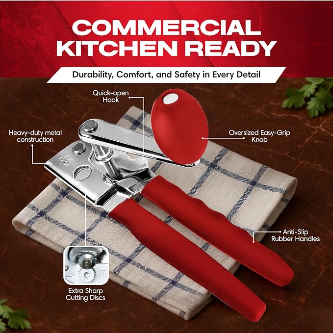 Chef Master Commercial Can Opener Heavy Duty - Manual Hand Crank for Large Cans with Anti-Slip Grip - Stainless Steel Restaurant Can Opener Manual for Seniors, Kitchen, Bars & Food Trucks - 90056
