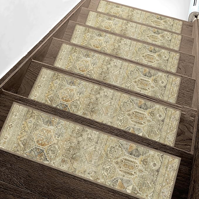 sarben 8"x30" Non Slip Stair Treads for Wooden Steps 15 Pack, Tawny Ivory | Peel and Stick Carpet Stair Runner with TPE Adhesive Backing, Carpet for Added Safety, Pet and Senior Friendly