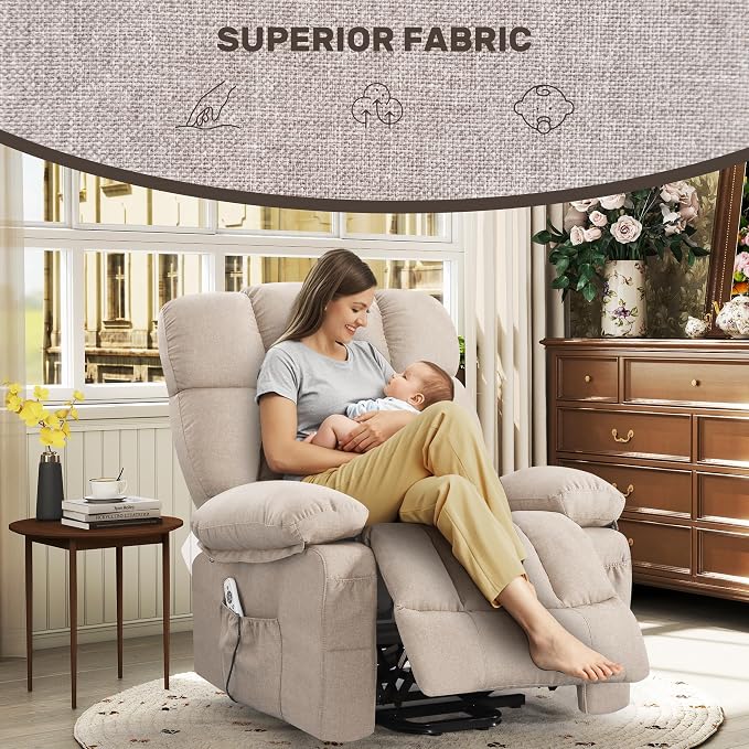 Power Lift Recliner Chair for Elderly, Big and Tall Lift Chair with Massage and Heat for Living Room, Fabric Electric Recliner Chairs with 4 Side Pockets, USB Charge Port,Beige