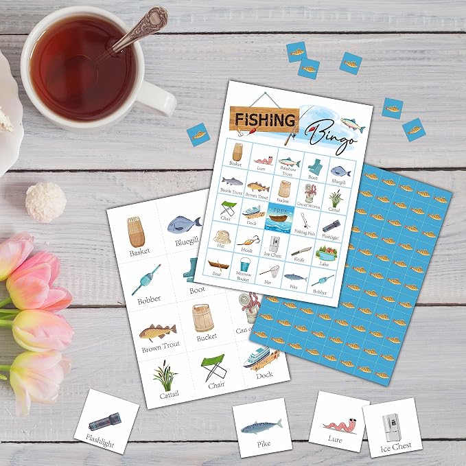 Fishing Bingo Game - Let's Go Fishing Bingo Card - 24 Players Game Set Indoor Outdoor Activities - Camping Party, Birthday Party Favors Supplies -A01