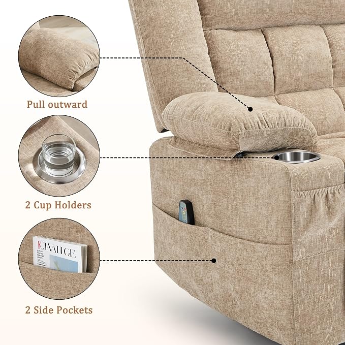 Korser 360° Swivel Rocker Recliner for Adult, Nursery Glider Recliners with Massage & Heating, Rocking Chair with Cup Holder, Manual Recliner Chair for Living Room, Bedroom (Khaki)