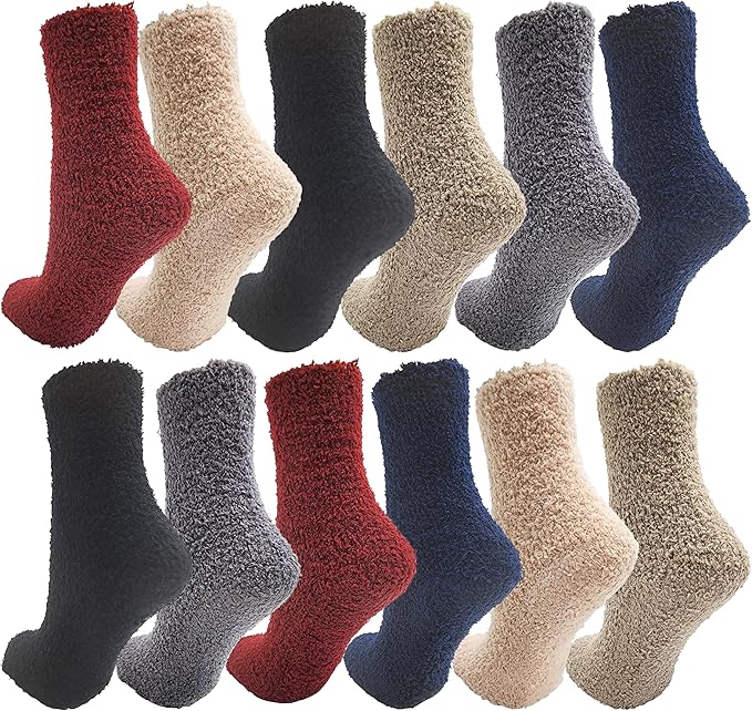 12 Pairs Fuzzy Socks for Women, Soft Fluffy Cozy Thick Warm Winter Holiday Stocking Stuffer Bulk Pack