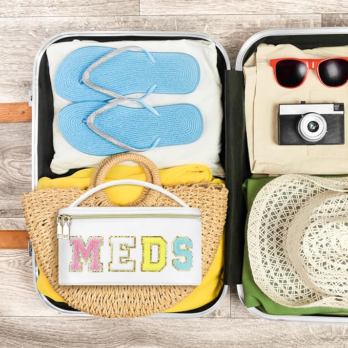 BuyCard Medicines Chenille Letter Bag Nylon Meds Makeup Pouch Preppy Path with Zipper and Handle Cosmetic Toiletry Storage Purse for Women White