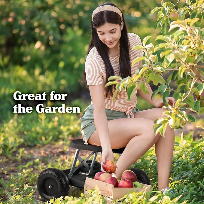 Pure Garden Rolling Garden Seat with Wheels, Black