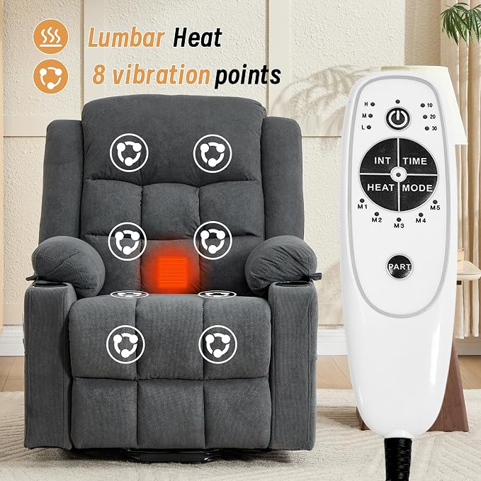 Power Lift Recliner Chair for Elderly Adults with Massage and Heat, Fabric Electric Recliner Sofa with Side Pocket, Two Cup Holders for Living Room L9912 (Dark Grey)